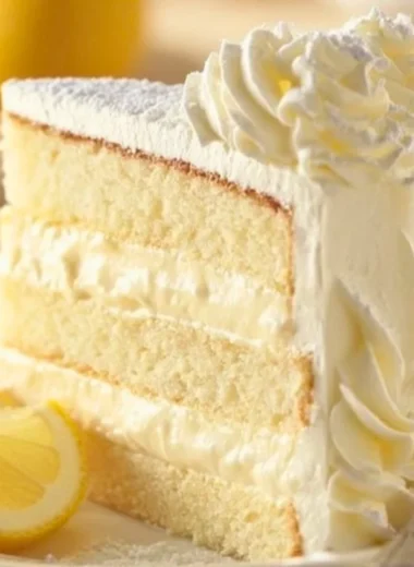 Delicious slice of Cheesecake Factory Italian Lemon Cream Cake garnished with lemon