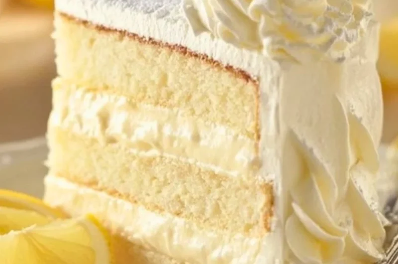 Delicious slice of Cheesecake Factory Italian Lemon Cream Cake garnished with lemon