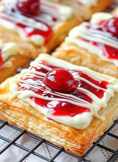 Freshly baked Cherry Cream Cheese Danishes on a plate