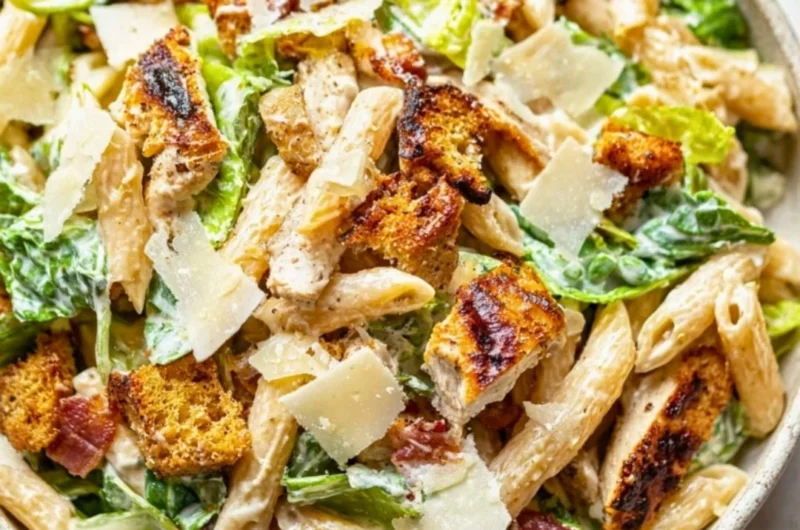 Delicious Chicken Caesar Pasta Salad with chicken, romaine, and parmesan cheese