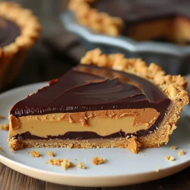 Delicious Chocolate Peanut Butter Pie topped with chocolate and peanut butter swirls.
