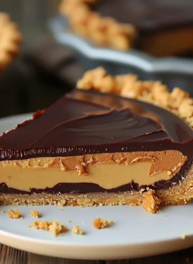 Delicious Chocolate Peanut Butter Pie topped with chocolate and peanut butter swirls.