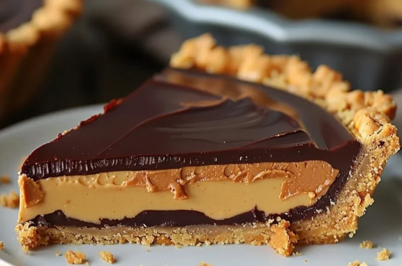 Delicious Chocolate Peanut Butter Pie topped with chocolate and peanut butter swirls.