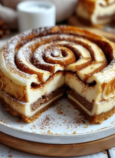 Cinnamon Roll Honeybun Cheesecake topped with cinnamon glaze and whipped cream