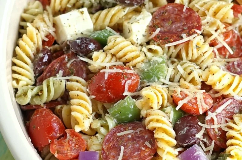 Bowl of classic pasta salad with colorful vegetables and dressing
