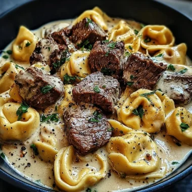 Cracked Garlic Steak Tortellini served in a creamy sauce