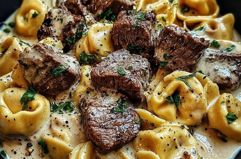 Cracked Garlic Steak Tortellini served in a creamy sauce