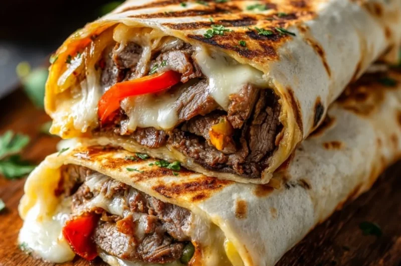 Crispy Philly cheesesteak grilled wraps served on a plate with dipping sauce