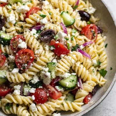 Colorful Greek pasta salad with tomatoes, olives, feta, and herbs.