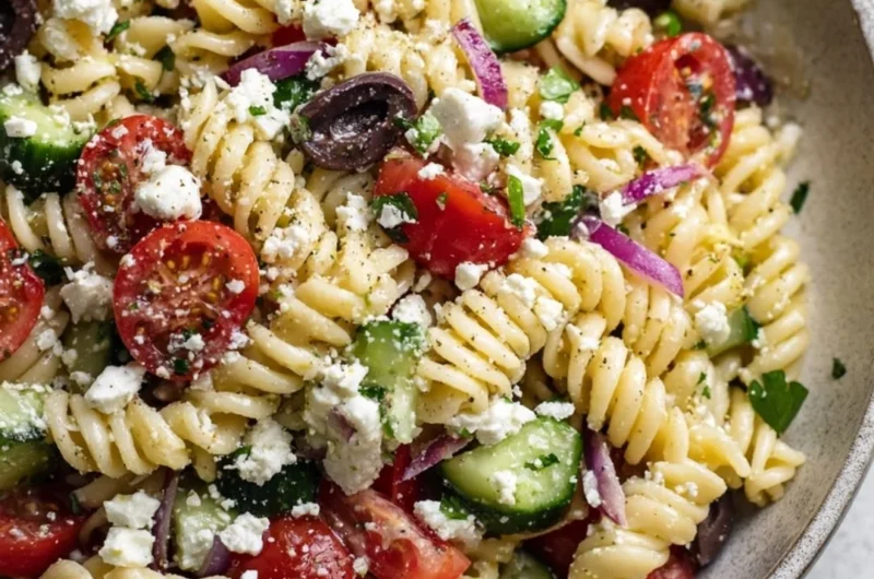 Colorful Greek pasta salad with tomatoes, olives, feta, and herbs.