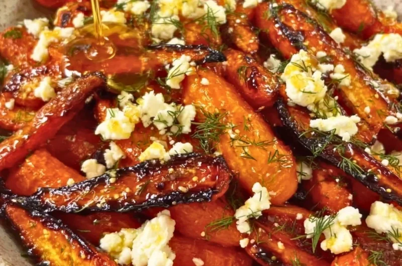 Honey garlic roasted carrots topped with feta cheese on a serving plate
