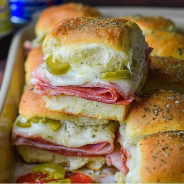 Hot Italian Sub Sliders with melted cheese and fresh ingredients on a platter
