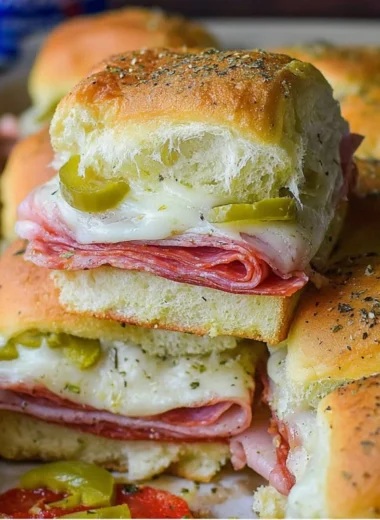 Hot Italian Sub Sliders with melted cheese and fresh ingredients on a platter