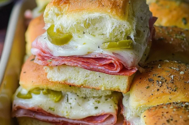 Hot Italian Sub Sliders with melted cheese and fresh ingredients on a platter