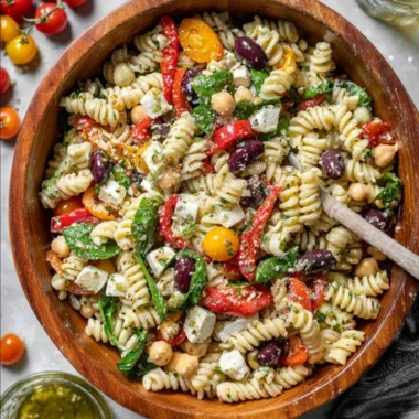 Colorful and fresh Italian Pasta Salad with vegetables and dressing
