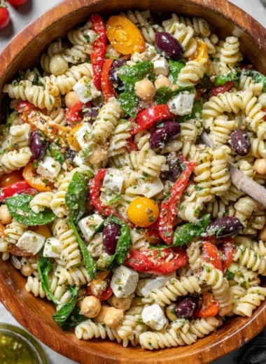 Colorful and fresh Italian Pasta Salad with vegetables and dressing