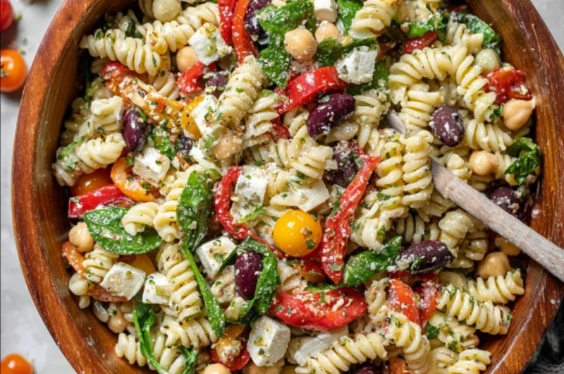 Colorful and fresh Italian Pasta Salad with vegetables and dressing