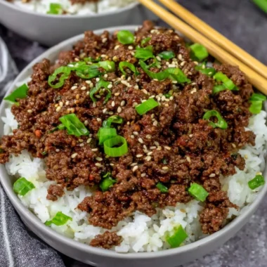 Delicious Korean beef bowl with tender beef, vegetables, and savory sauce