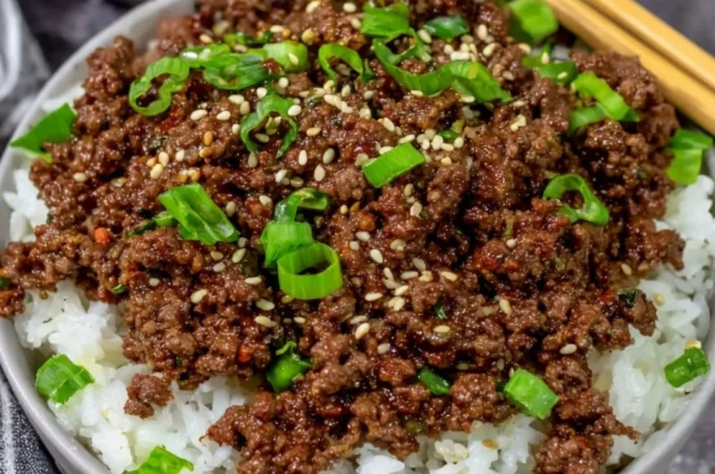 Delicious Korean beef bowl with tender beef, vegetables, and savory sauce