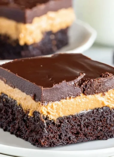 Delicious layered peanut butter brownies topped with chocolate icing.