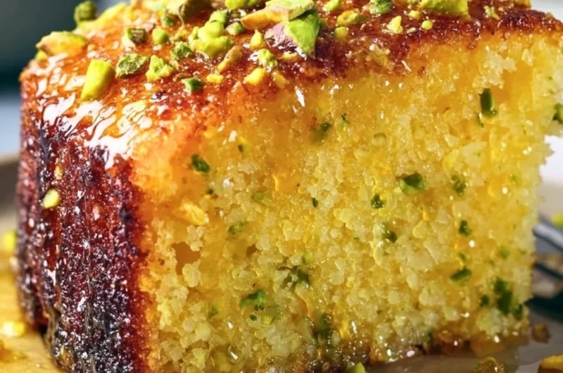 Delicious homemade Lemon Pistachio Cake with bright yellow frosting and pistachio toppings.