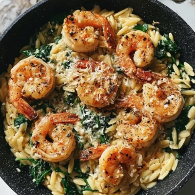 One Pan Parmesan Orzo with Shrimp dish showcasing creamy orzo and succulent shrimp