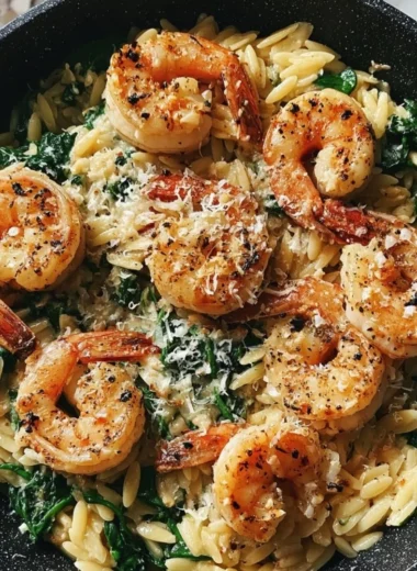One Pan Parmesan Orzo with Shrimp dish showcasing creamy orzo and succulent shrimp