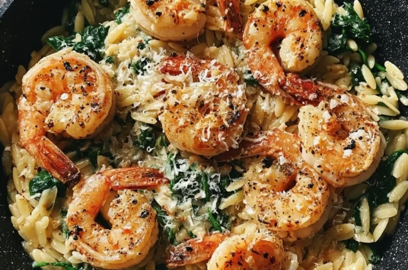 One Pan Parmesan Orzo with Shrimp dish showcasing creamy orzo and succulent shrimp
