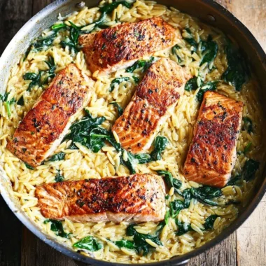 Skillet Salmon with Lemon Orzo garnished with fresh herbs and lemon slices