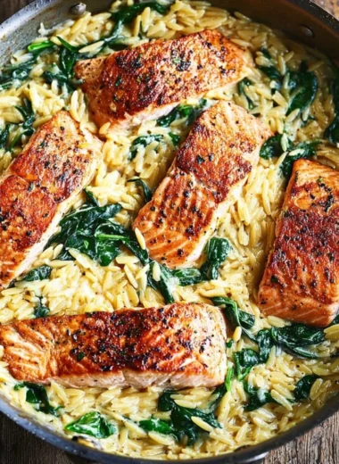 Skillet Salmon with Lemon Orzo garnished with fresh herbs and lemon slices