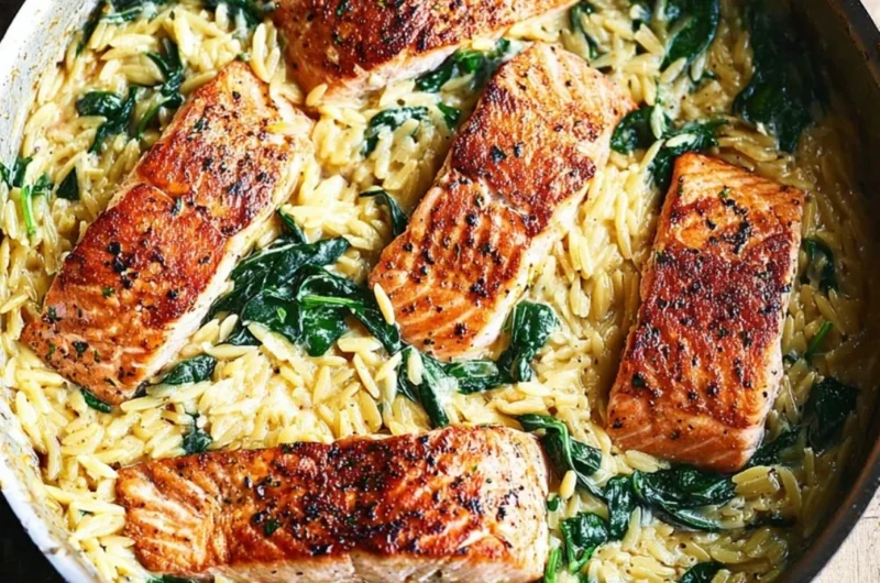 Skillet Salmon with Lemon Orzo garnished with fresh herbs and lemon slices