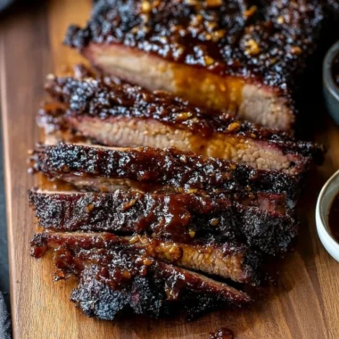 Delicious oven-baked BBQ beef brisket served on a platter with barbecue sauce.