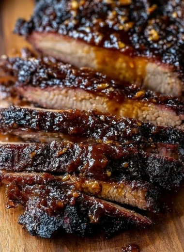 Delicious oven-baked BBQ beef brisket served on a platter with barbecue sauce.