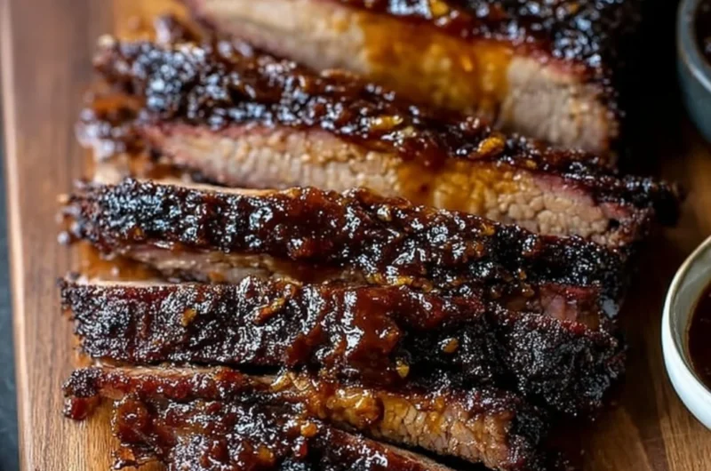 Delicious oven-baked BBQ beef brisket served on a platter with barbecue sauce.