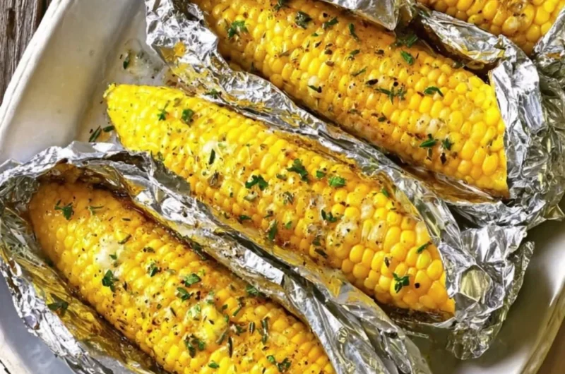 Oven-roasted corn on the cob served on a rustic plate