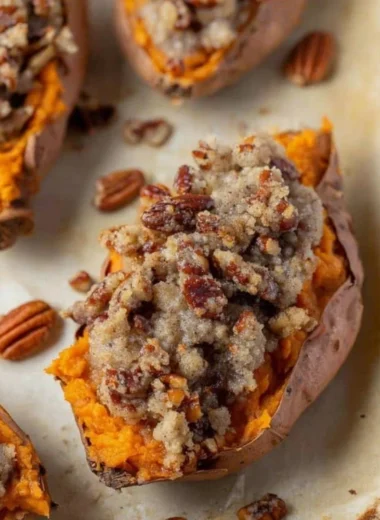 Pecan Pie Twice Baked Sweet Potatoes garnished with pecans