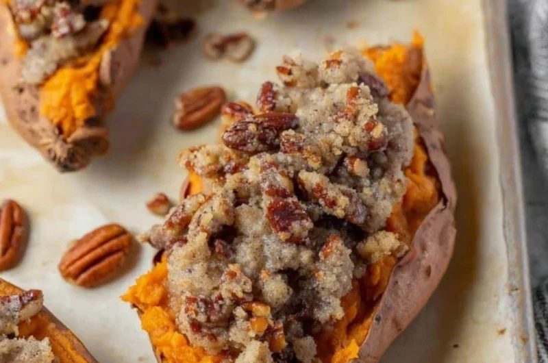 Pecan Pie Twice Baked Sweet Potatoes garnished with pecans
