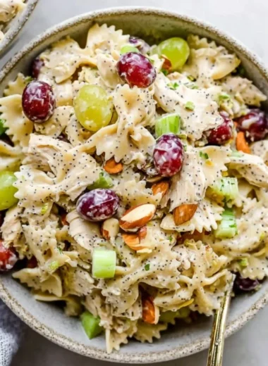 Delicious Poppyseed Chicken Salad with pasta and fresh ingredients