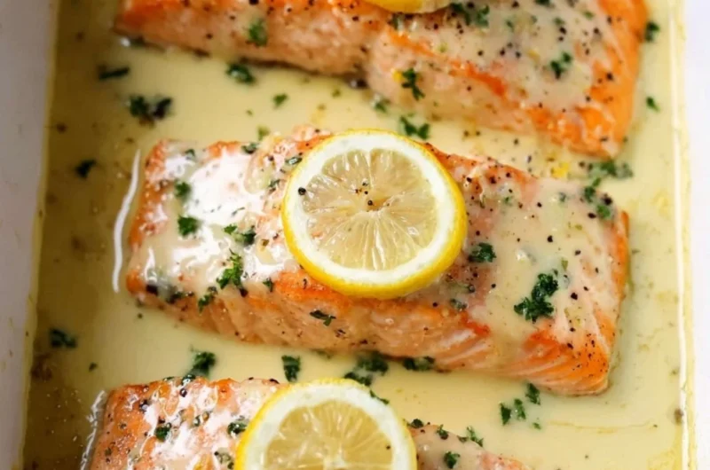Plate of salmon topped with lemon cream sauce, garnished with herbs.