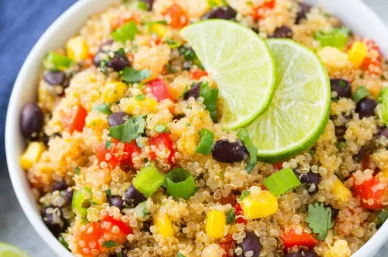 A vibrant Southwest quinoa salad with black beans, corn, and fresh vegetables.