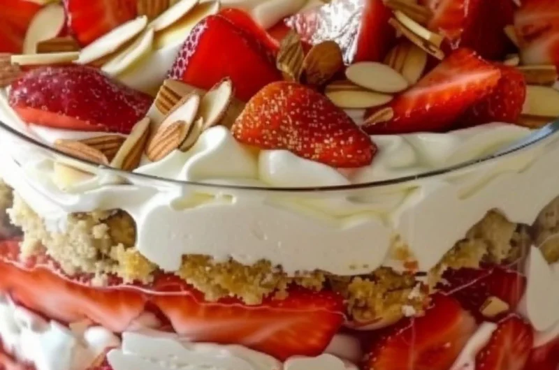 Delicious Strawberry Cheesecake Trifle layered with fresh strawberries and creamy cheesecake