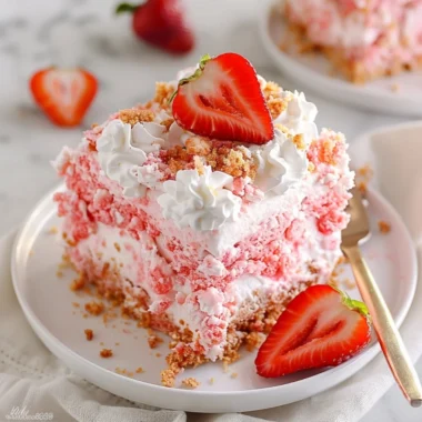 Delicious strawberry crunch poke cake topped with whipped cream and strawberry crunch topping.
