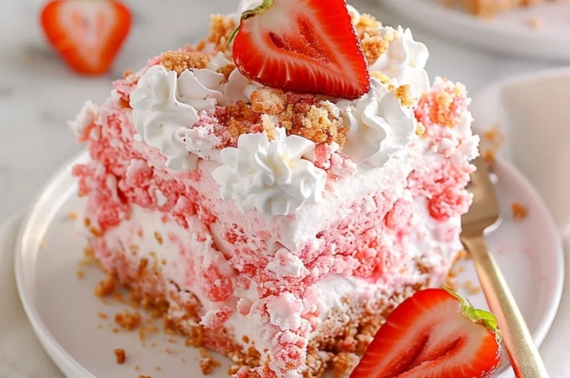 Delicious strawberry crunch poke cake topped with whipped cream and strawberry crunch topping.