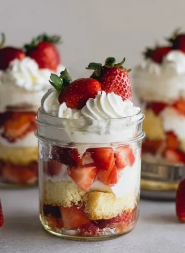 Delicious strawberry shortcake trifles layered with fresh strawberries and whipped cream.