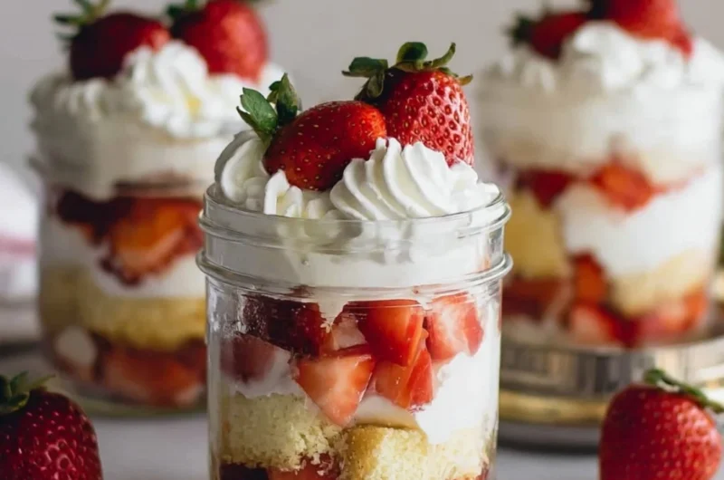 Delicious strawberry shortcake trifles layered with fresh strawberries and whipped cream.