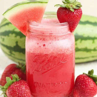 Refreshing glass of strawberry, watermelon, and cucumber juice.