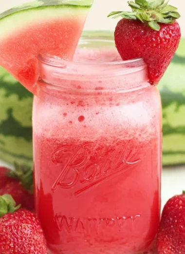 Refreshing glass of strawberry, watermelon, and cucumber juice.
