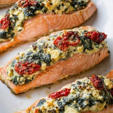 Stuffed salmon with spinach and feta ready to serve on a plate