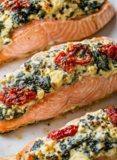Stuffed salmon with spinach and feta ready to serve on a plate