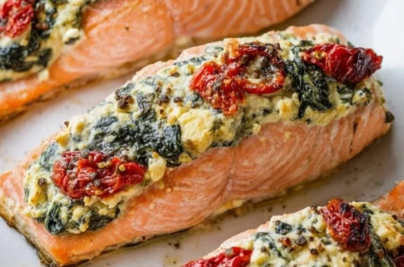 Stuffed salmon with spinach and feta ready to serve on a plate